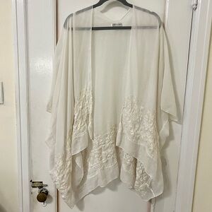 White Kimono Beach Cover Up Floral Flowy Sheer Embroidery Boho Shawl Cape Light